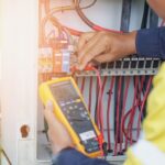 Workers use Multimeter to measure the voltage of electrical wires produced from solar energy for confirm to systems working normal.